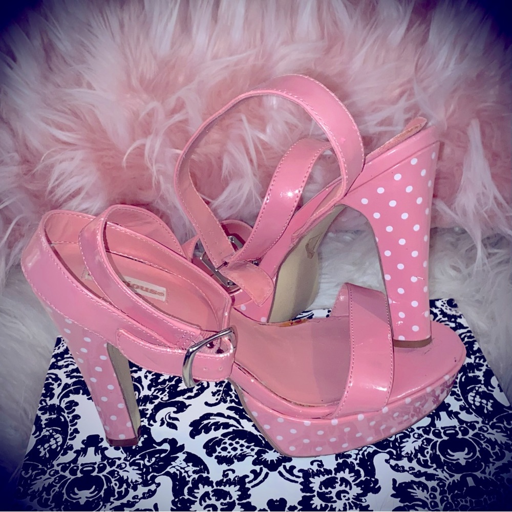 PINK POLKA DOT OPEN TOE HEELS BY DELICIOUS